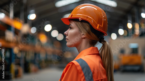 Side profile of a focused female warehouse worker wearing an orange safety helmet and vest, inside an industrial warehouse.