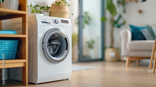 A white washing machine in a bright, cozy living room setting, with potted plants and home decor elements nearby.