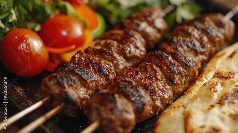 Traditional Turkish kebabs, grilled and served with a side of pita bread and fresh vegetables, representing Turkish street food. Traditional Turkish kebabs, grilled and served with a side of pita bread and fresh vegetables, representing Turkish street food.