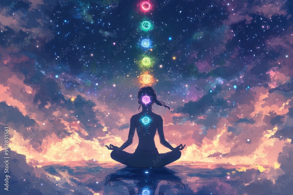 A vibrant, artistic depiction of the chakras in alignment during a yoga pose under a starlit sky A vibrant, artistic depiction of the chakras in alignment during a yoga pose under a starlit sky