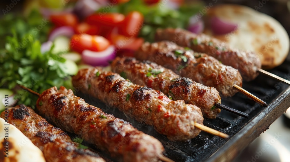 Traditional Turkish kebabs, grilled and served with a side of pita bread and fresh vegetables, representing Turkish street food. Traditional Turkish kebabs, grilled and served with a side of pita bread and fresh vegetables, representing Turkish street food.