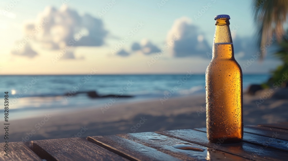 A cold bottle of beer resting on a beachside table, with a view of the ocean in the background, evoking a relaxing summer vibe with condensation dripping from the bottle. A cold bottle of beer resting on a beachside table, with a view of the ocean in the background, evoking a relaxing summer vibe with condensation dripping from the bottle.