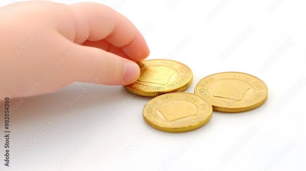 Investment Dilemma: A hand reaches for the isolated gold coin. The choice—stocks or gold? The white background—the void of certainty. Investment Dilemma: A hand reaches for the isolated gold coin. The choice—stocks or gold? The white background—the void of certainty.
