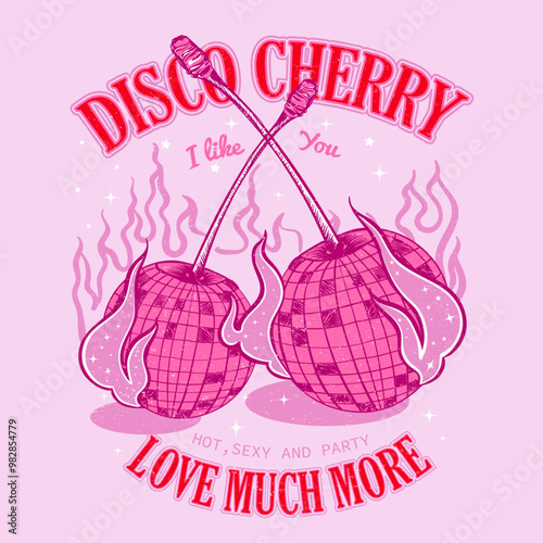 Hand drawn Retro Vintage text print for cherry fruits, vintage Cherry  print design, for t-shirt,  fruits patterns for summer vibes,  Cherry Slogan T-shirt Design Illustration,