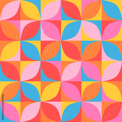Colorful retro circles midcentury style Vector Pattern. Op-art circle segments checkerboard in pop-art colors: blue, red, pink, yellow.