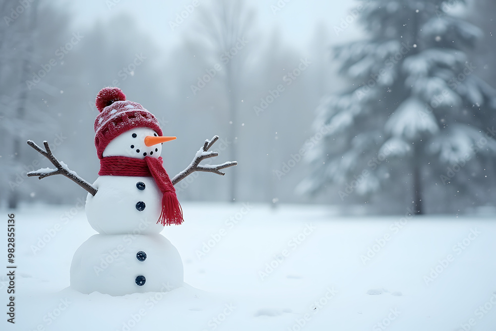 Cheerful snowman wearing a red scarf and hat in a snowy winter landscape with falling snow
Cheerful snowman wearing a red scarf and hat in a snowy winter landscape with falling snow