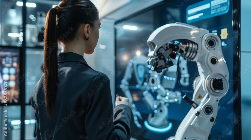 Fototapeta premium Futuristic Humanoid Robot Examining Advanced Digital Control Panel in Innovative Tech Workspace