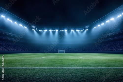 Modern empty football stadium illuminated by spotlights with stages full of spectators ready to watching final game. Concept of professional sport, competition, championship, match, energy, ai