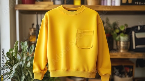 Stylish Yellow Sweatshirt on Wooden Shelf: Perfect Poster for Sports Interior, Showcasing Relaxed Fit, Large Pocket, Lightweight Fabric & Trendy Rounded Neckline! photo