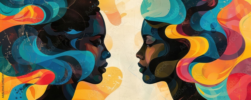 Abstract faces of a man and woman in colorful swirls of color, modern artistic style. Free copy space for text. Abstract faces of a man and woman in colorful swirls of color, modern artistic style. Free copy space for text.