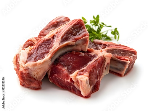 Fresh raw lamb chops with herbs isolated on white background.