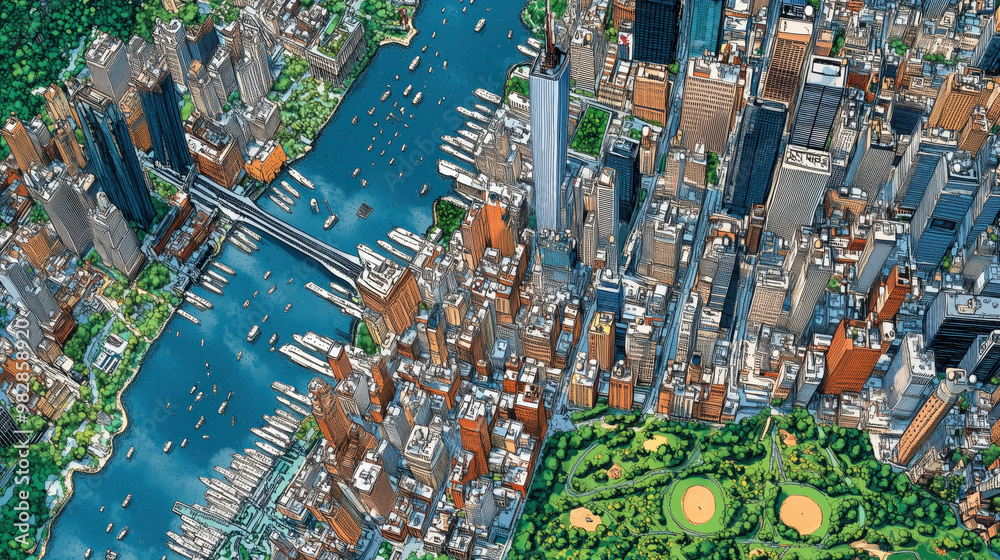 custom made wallpaper toronto digitalCartoon drawing doodle map of Manhattan, New York City, NYC, top-down view, plan view