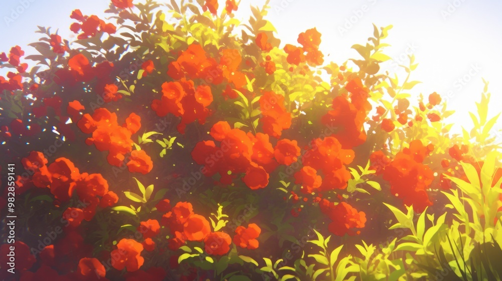A vibrant display of red flowers amidst lush green foliage in soft sunlight. A vibrant display of red flowers amidst lush green foliage in soft sunlight.