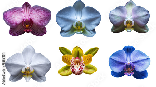 Composite of Six Vibrant Orchid Varieties on Transparent Background