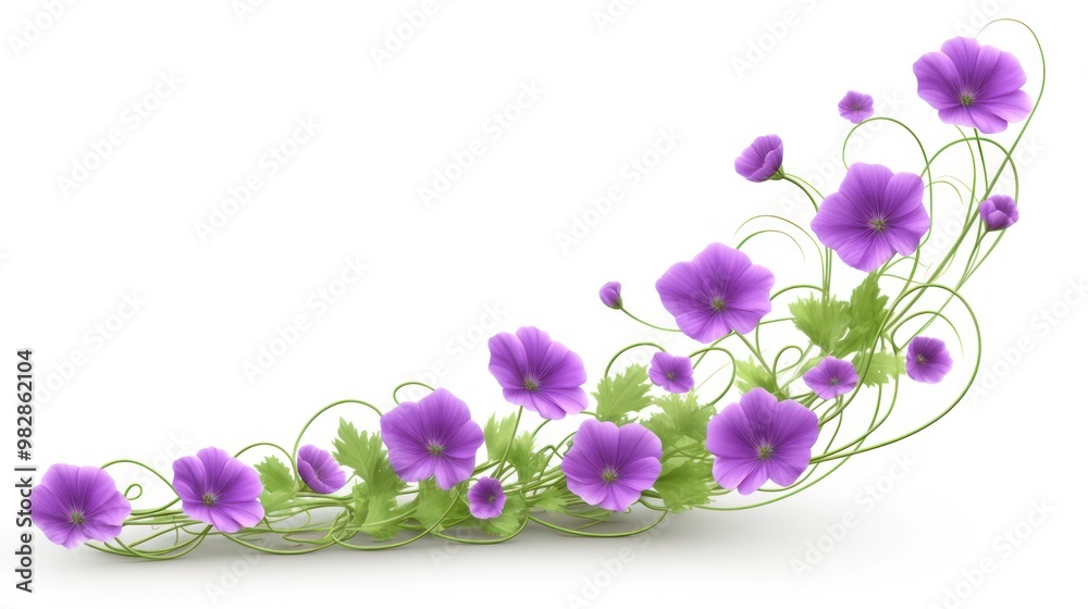 A decorative arrangement of purple flowers with green stems and leaves. A decorative arrangement of purple flowers with green stems and leaves.