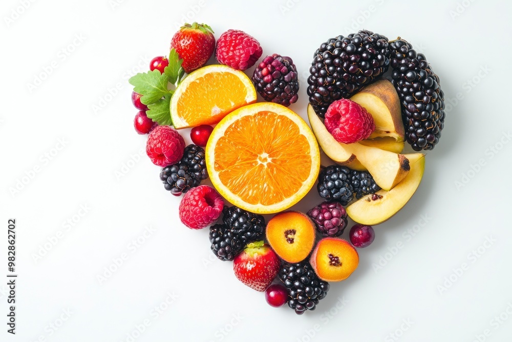 Fruits and vegetables concept, Fruits and vegetables in heart shape on white background, ai Fruits and vegetables concept, Fruits and vegetables in heart shape on white background, ai
