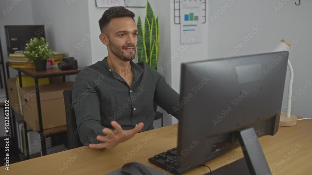 Young hispanic man working at a computer in an office with plants, shelves, and documents in the background. Young hispanic man working at a computer in an office with plants, shelves, and documents in the background.