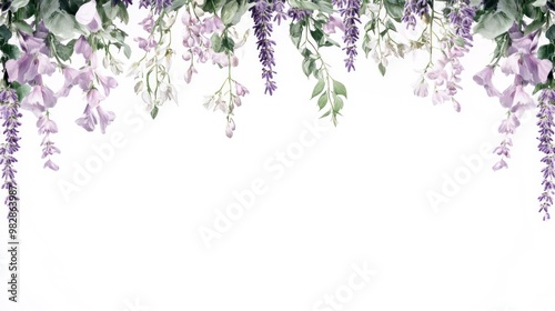 A floral design featuring cascading purple flowers against a white background.