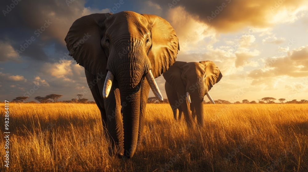 Obraz premium A pair of African elephants walks through a savannah at dusk, their large tusks a reminder of the poaching threat they face, as conservationists work to safeguard these giants.