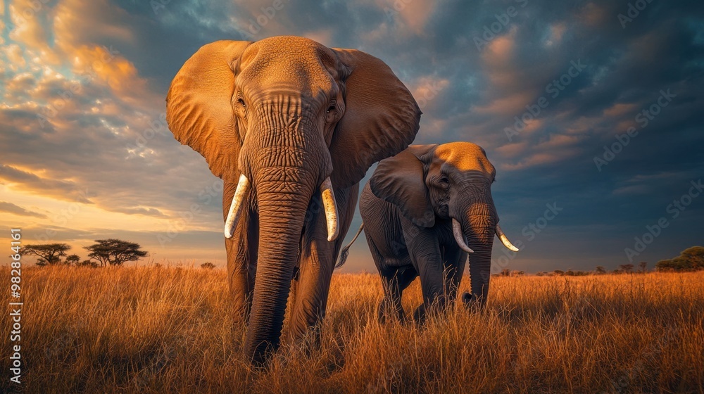 Fototapeta premium A pair of African elephants walks through a savannah at dusk, their large tusks a reminder of the poaching threat they face, as conservationists work to safeguard these giants.