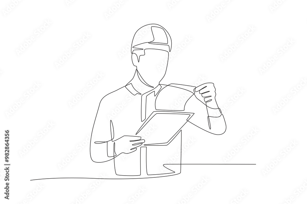 Warehouse worker looking at list of items in document. Warehousing concept one-line drawing Warehouse worker looking at list of items in document. Warehousing concept one-line drawing