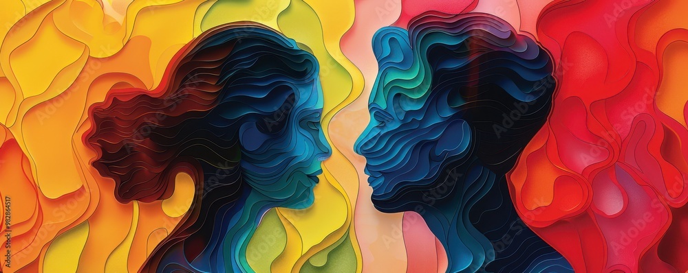 Abstract faces of a man and woman in colorful swirls of color, modern artistic style. Free copy space for text. Abstract faces of a man and woman in colorful swirls of color, modern artistic style. Free copy space for text.