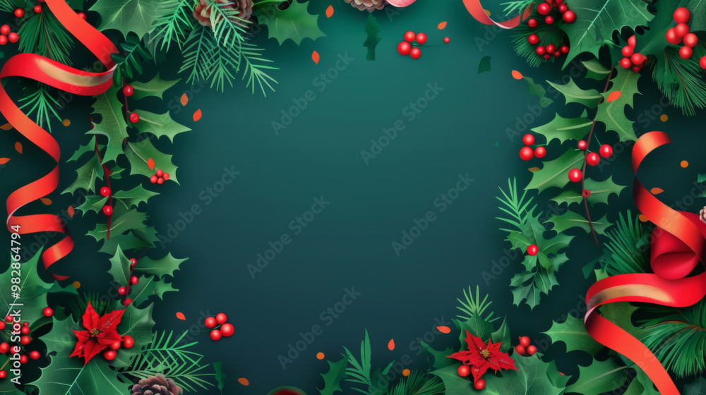 Greenery and Red Ribbons on a Dark Festive Background Greenery and Red Ribbons on a Dark Festive Background