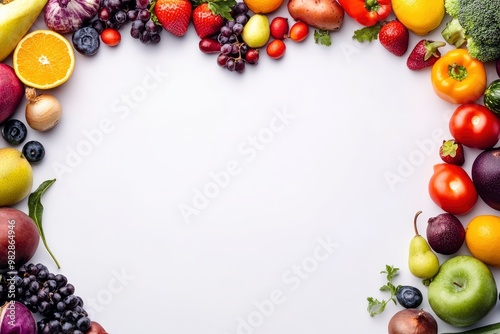 Fruits and vegetables concept, Fruits and vegetables in heart shape on white background, ai