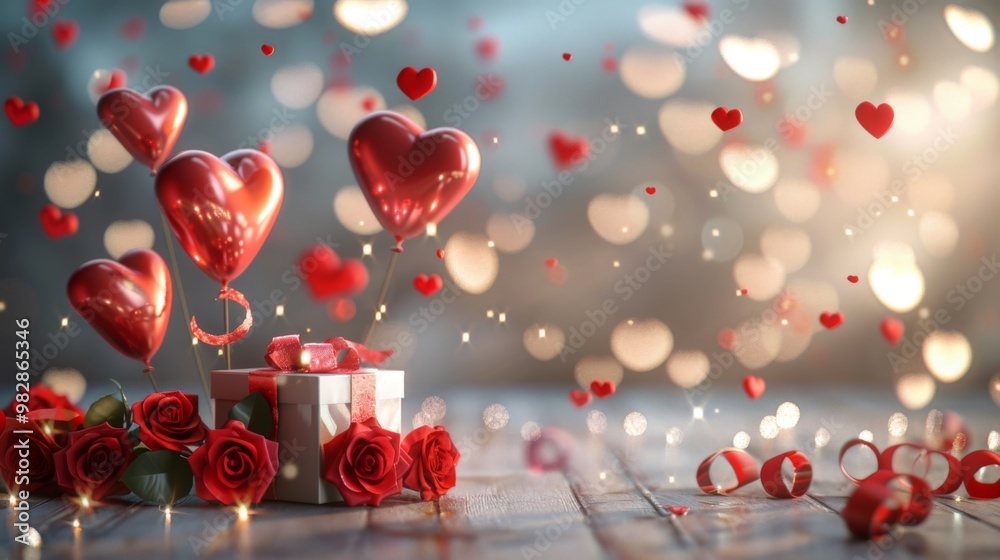 Obraz premium Heart Balloons with Roses and Gifts in Romantic Setting