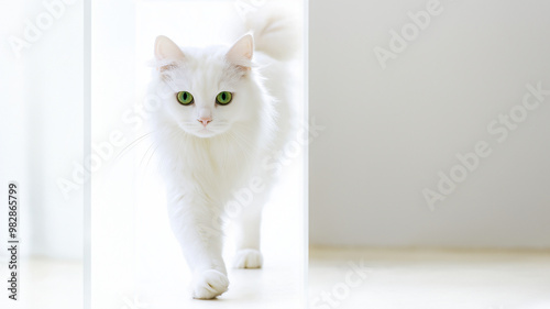 Weiße flauschige Katze mit hypnotisierenden grünen Augen auf hellem Hintergrund. Elegantes Fellknäuel strahlt Reinheit aus. Perfekt für Tierwerbung photo