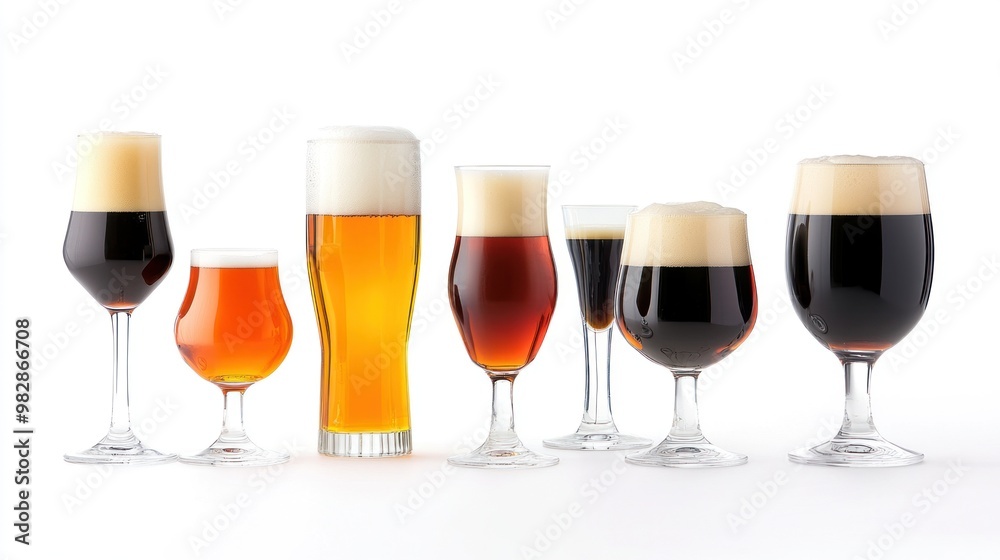 A set of beer tasting glasses in various shapes and sizes, neatly displayed on a white background, perfect for sampling different brews from pale ales to dark stouts. A set of beer tasting glasses in various shapes and sizes, neatly displayed on a white background, perfect for sampling different brews from pale ales to dark stouts.