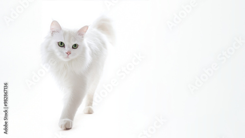 Weiße flauschige Katze mit hypnotisierenden grünen Augen auf hellem Hintergrund. Elegantes Fellknäuel strahlt Reinheit aus. Perfekt für Tierwerbung photo