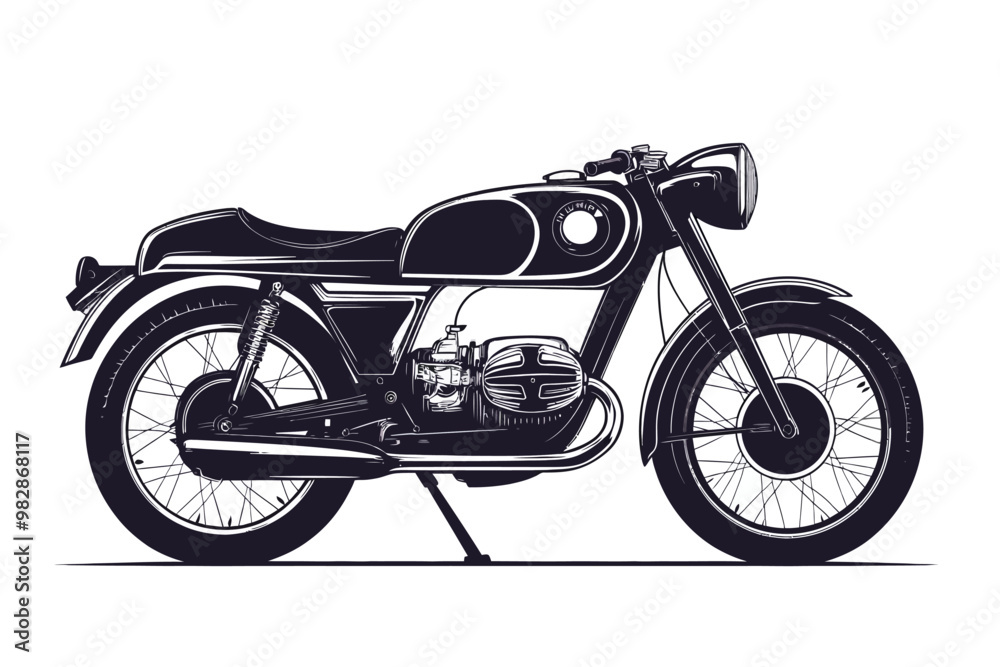 A classic black motorcycle parked on the street against a simple background during the day A classic black motorcycle parked on the street against a simple background during the day
