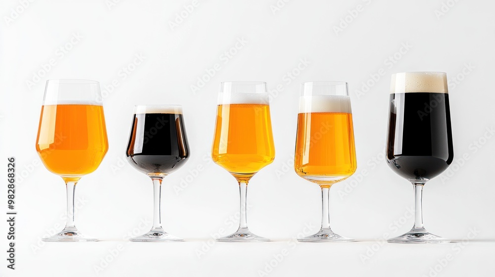 A sleek, modern set of beer glasses with bold, minimalist designs, arranged on a white background, ideal for a contemporary bar or home setting.