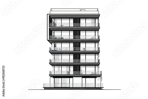Modern multi-story building design with balconies and large windows in urban setting