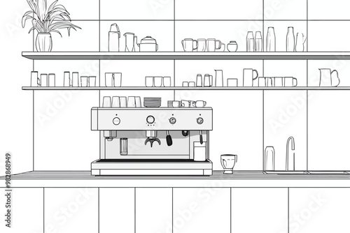 A modern coffee station with an espresso machine and neatly arranged cups in a minimalist kitchen setting