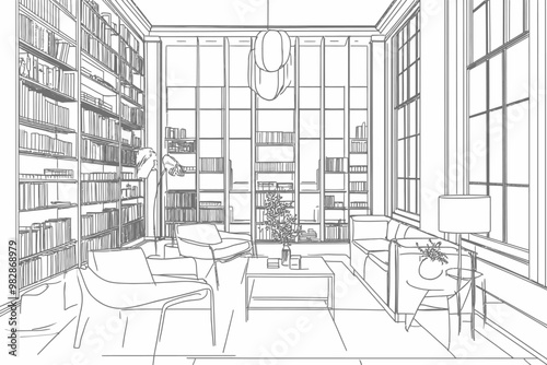 Cozy reading room design featuring large bookshelves, comfortable seating, and natural light in a modern home