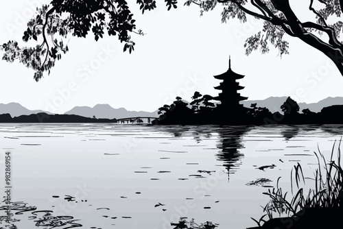 Silhouette of a pagoda at sunset by a tranquil lake surrounded by mountains and trees