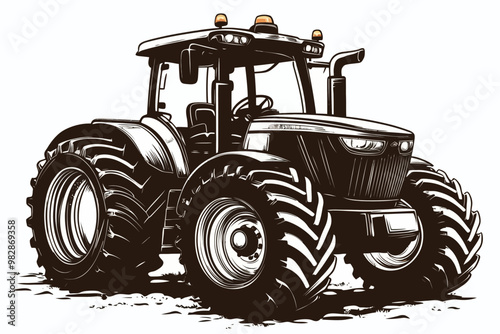Black and white illustration of a large tractor on a dirt field during daylight hours