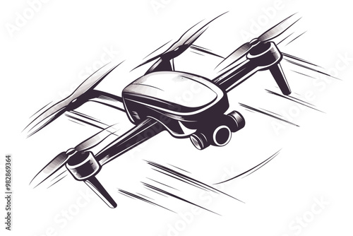 A sleek black drone flying swiftly over a landscape during a clear day with a blue sky above