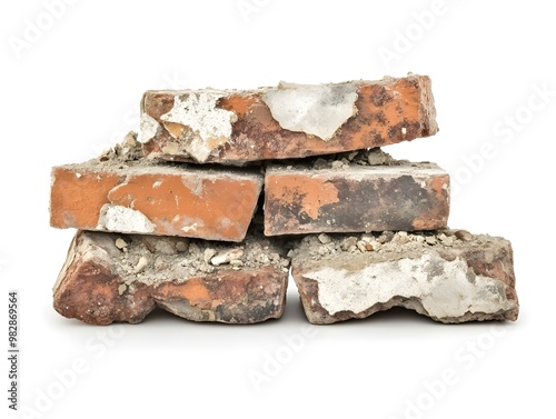 A stack of four broken red bricks, showing the exposed rough edges and traces of mortar on the white background.