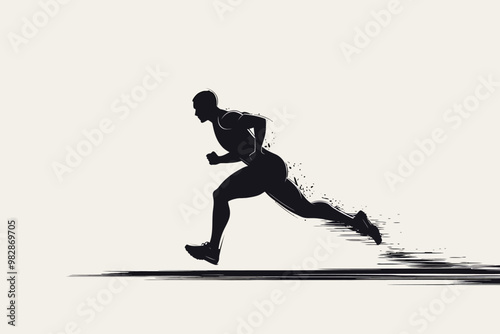 Silhouette of a man sprinting at high speed on a minimalist background during early morning