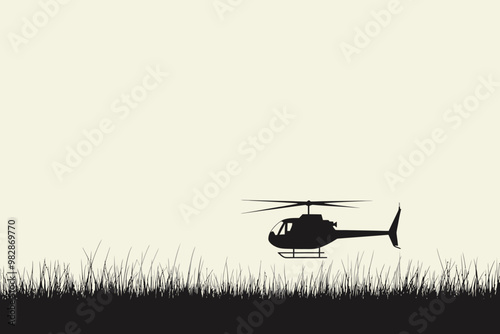 A helicopter hovers over tall grass in a tranquil landscape during daylight hours
