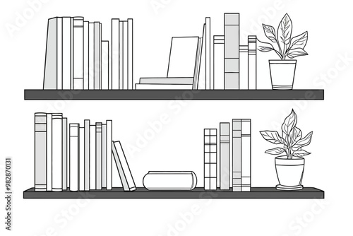 Minimalist bookshelf design featuring books and potted plants in a modern setting