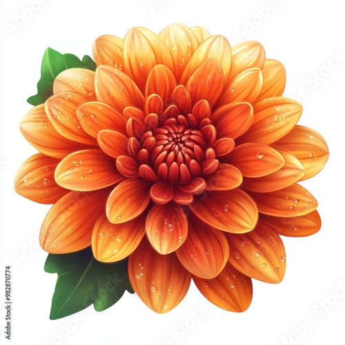 A vibrant orange chrysanthemum flower with dew drops and green leaves.