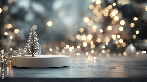 Minimalistic podium with Christmas tree decoration on a blurred bokeh background, perfect for holiday and festive season designs.