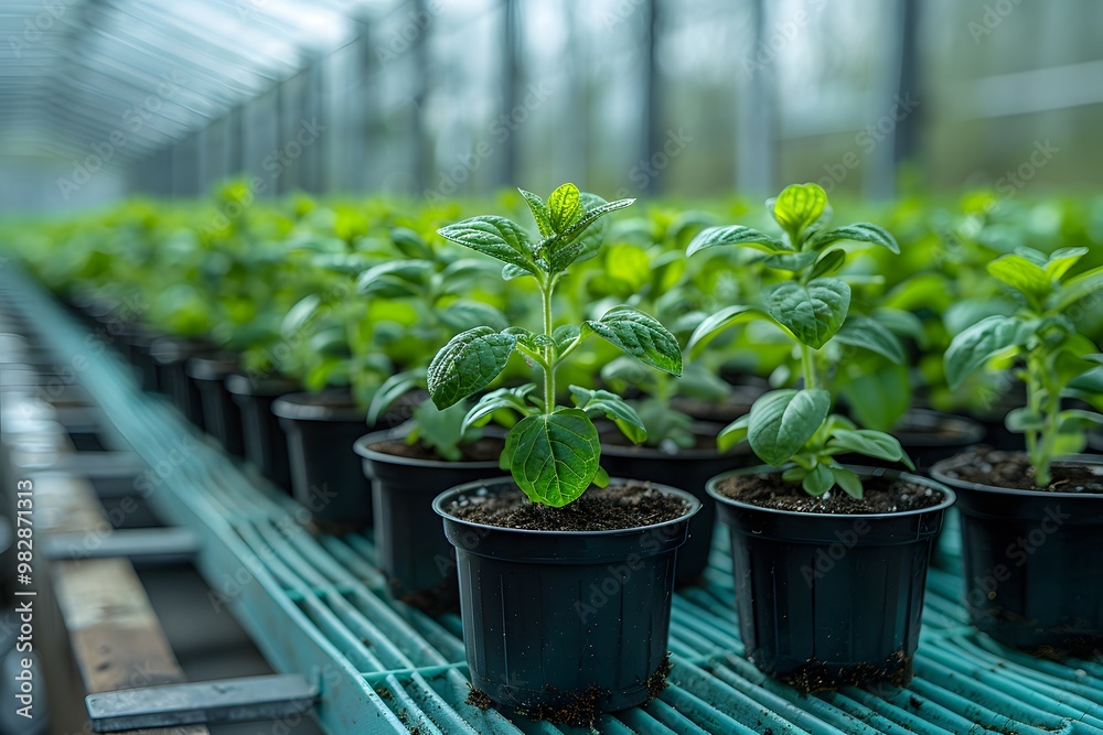 Young Green Plants Growing in a Greenhouse Nursery - Agricultural and Botanical Growth Young Green Plants Growing in a Greenhouse Nursery - Agricultural and Botanical Growth