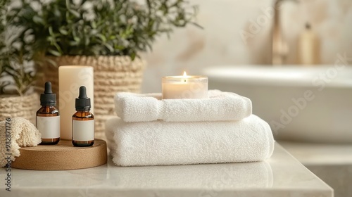 basic wellness items such as a bath towel, essential oils, and a candle, set in a calming