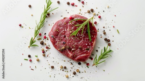 Wallpaper Mural Raw beef steak with rosemary and peppercorns on white background. Torontodigital.ca