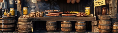 Picturesque outdoor market scene featuring delicious sausages, barrels, and condiments, all set in a rustic food stall environment.